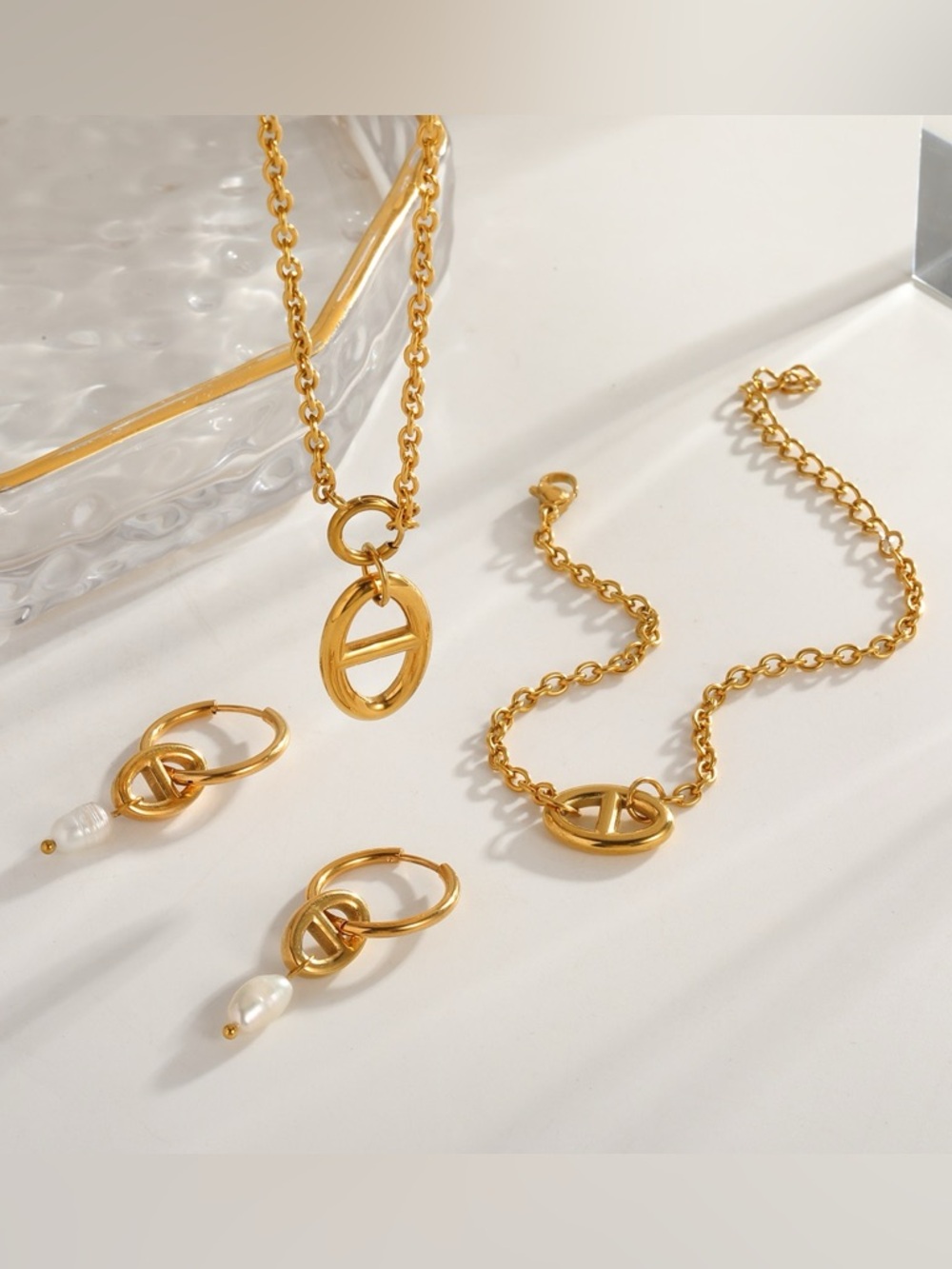 Gold Pig Nose Necklace Bracelet Earrings Set Stainless Steel Gold Plated